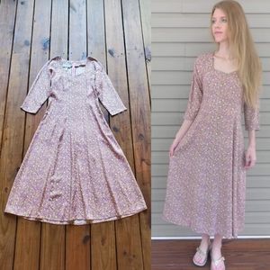 Vintage 90's size 5/6 natural brown pink floral 3/4 sleeve maxi dress